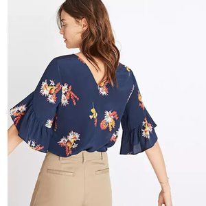 Madewell Silk Ruffle-Sleeve Top in Cactus Flower
